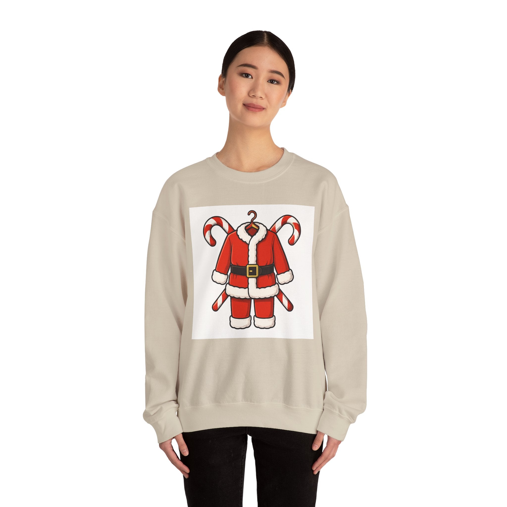 Christmas Sweatshirt — Santa Suit Front & “Santa Is Here For You” Back Holiday Crewneck