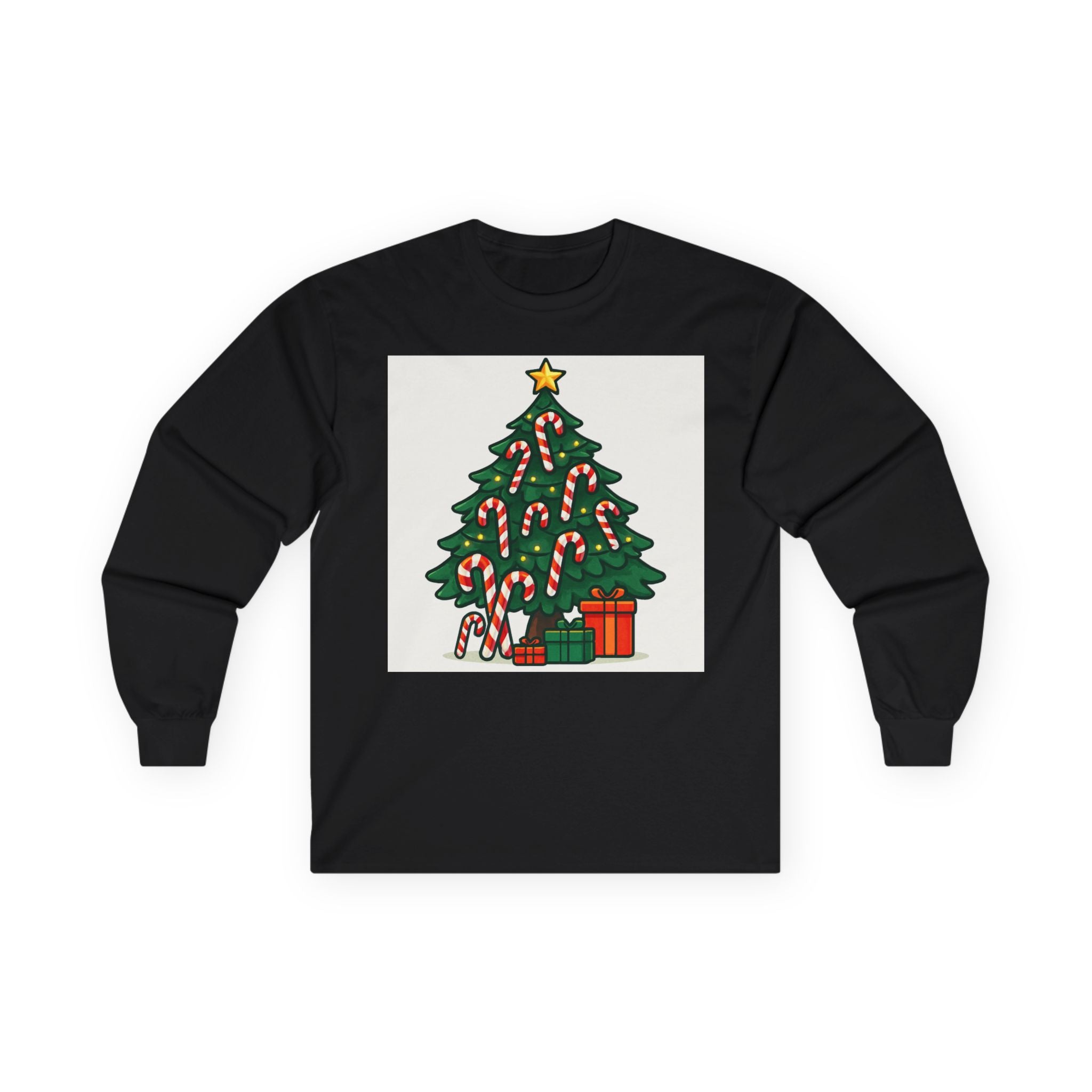 Christmas Tree Candy Cane Long Sleeve Tee — "X-MAS" Back Print