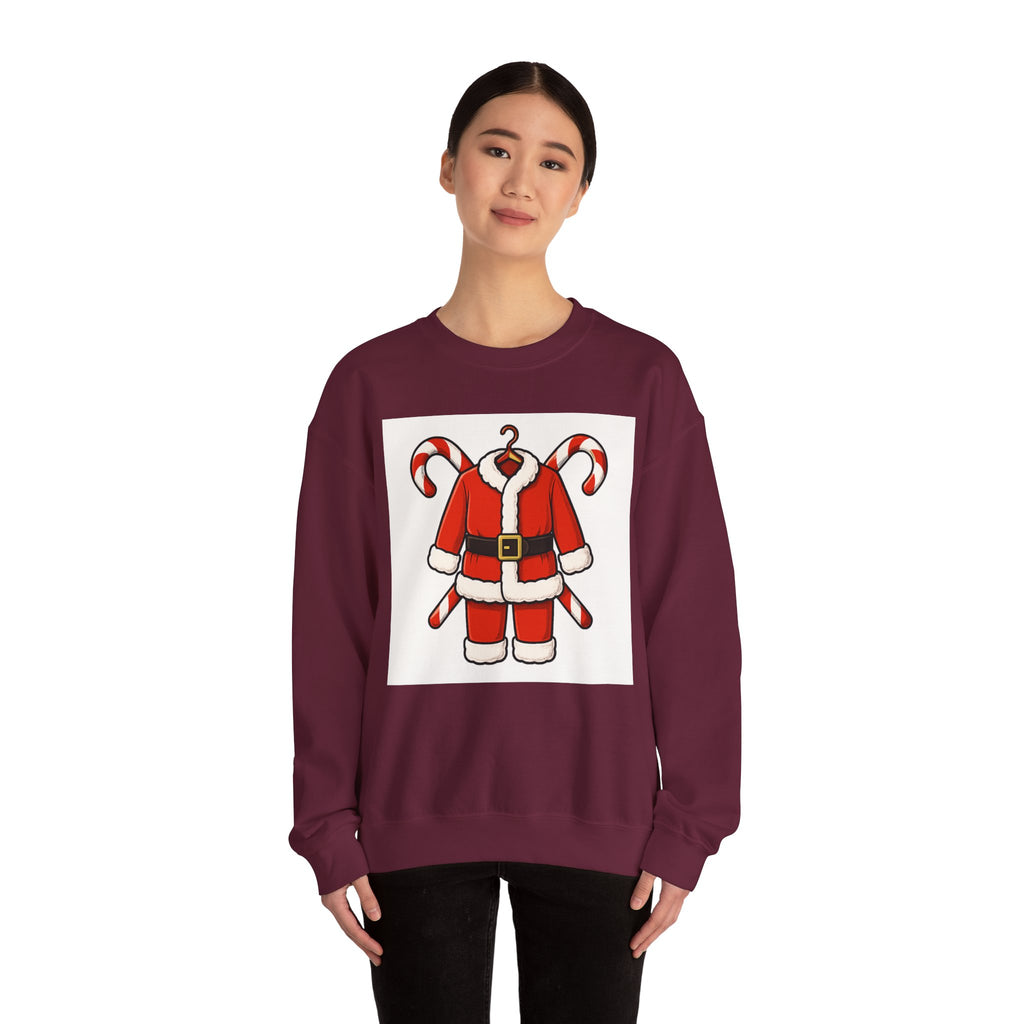 Christmas Sweatshirt — Santa Suit Front & “Santa Is Here For You” Back Holiday Crewneck