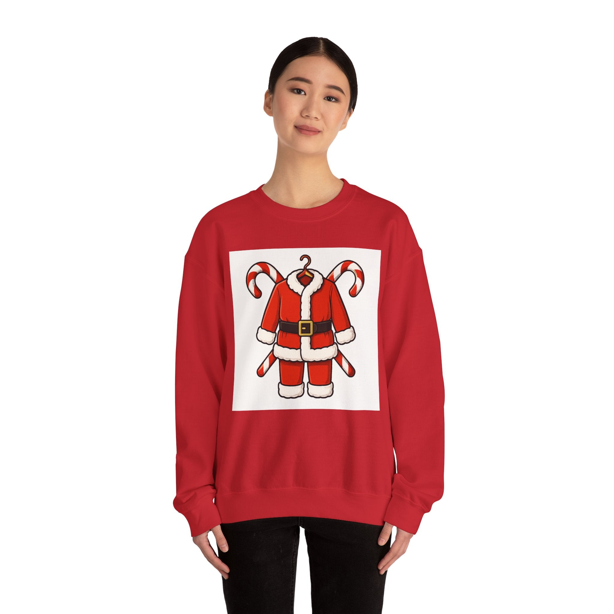 Christmas Sweatshirt — Santa Suit Front & “Santa Is Here For You” Back Holiday Crewneck