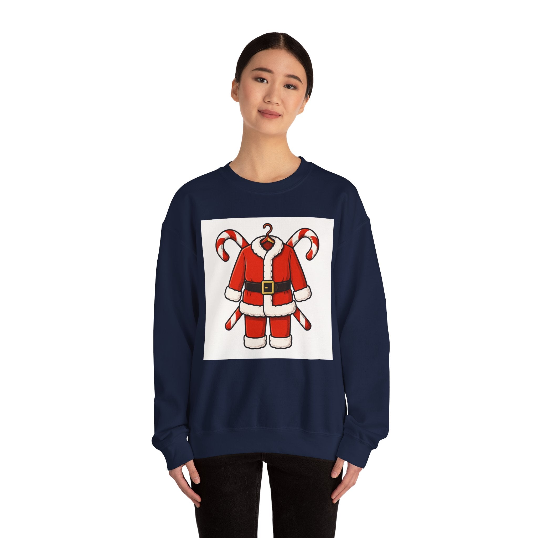 Christmas Sweatshirt — Santa Suit Front & “Santa Is Here For You” Back Holiday Crewneck