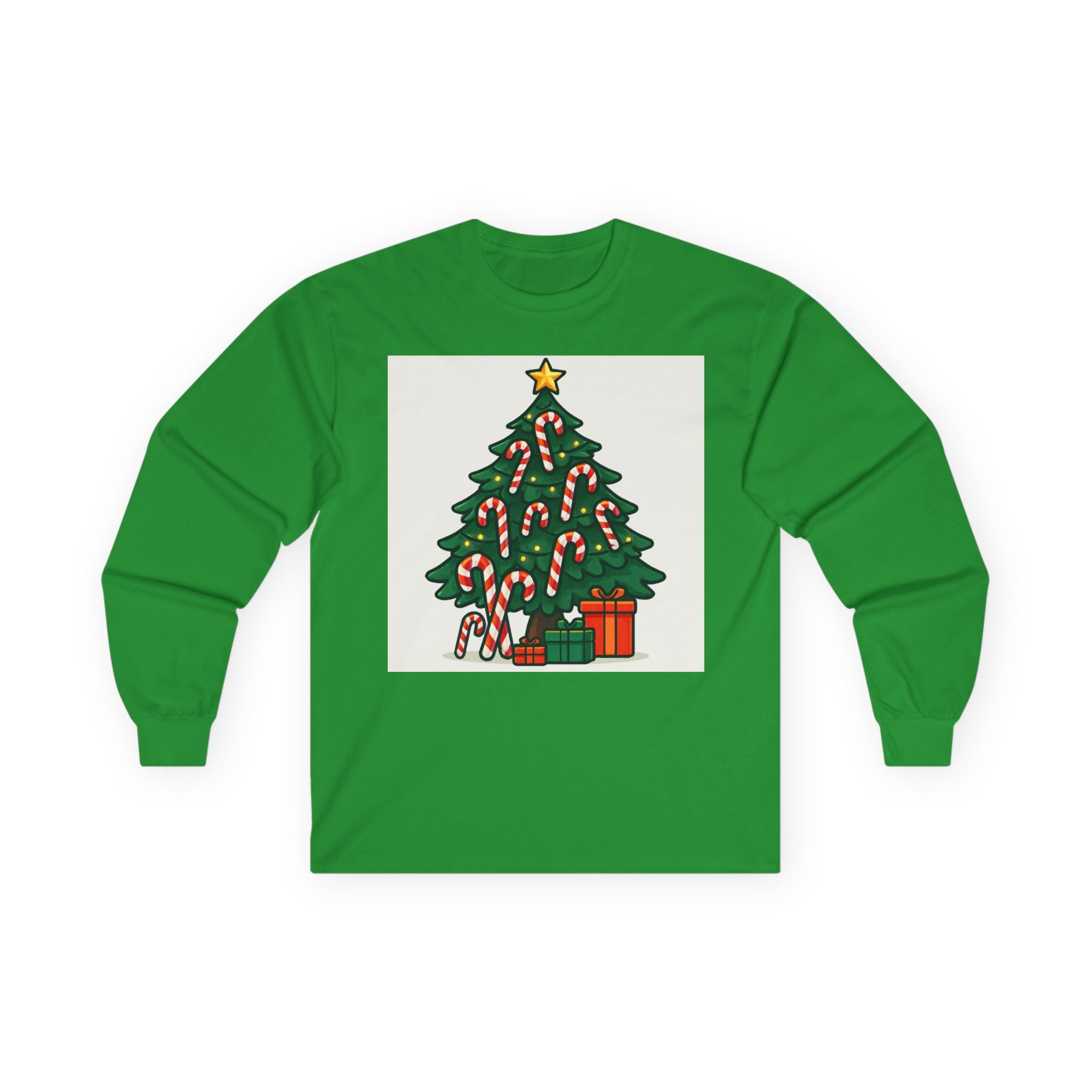 Christmas Tree Candy Cane Long Sleeve Tee — "X-MAS" Back Print