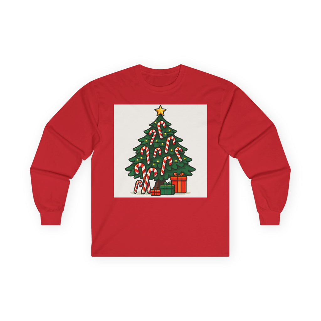 Christmas Tree Candy Cane Long Sleeve Tee — "X-MAS" Back Print