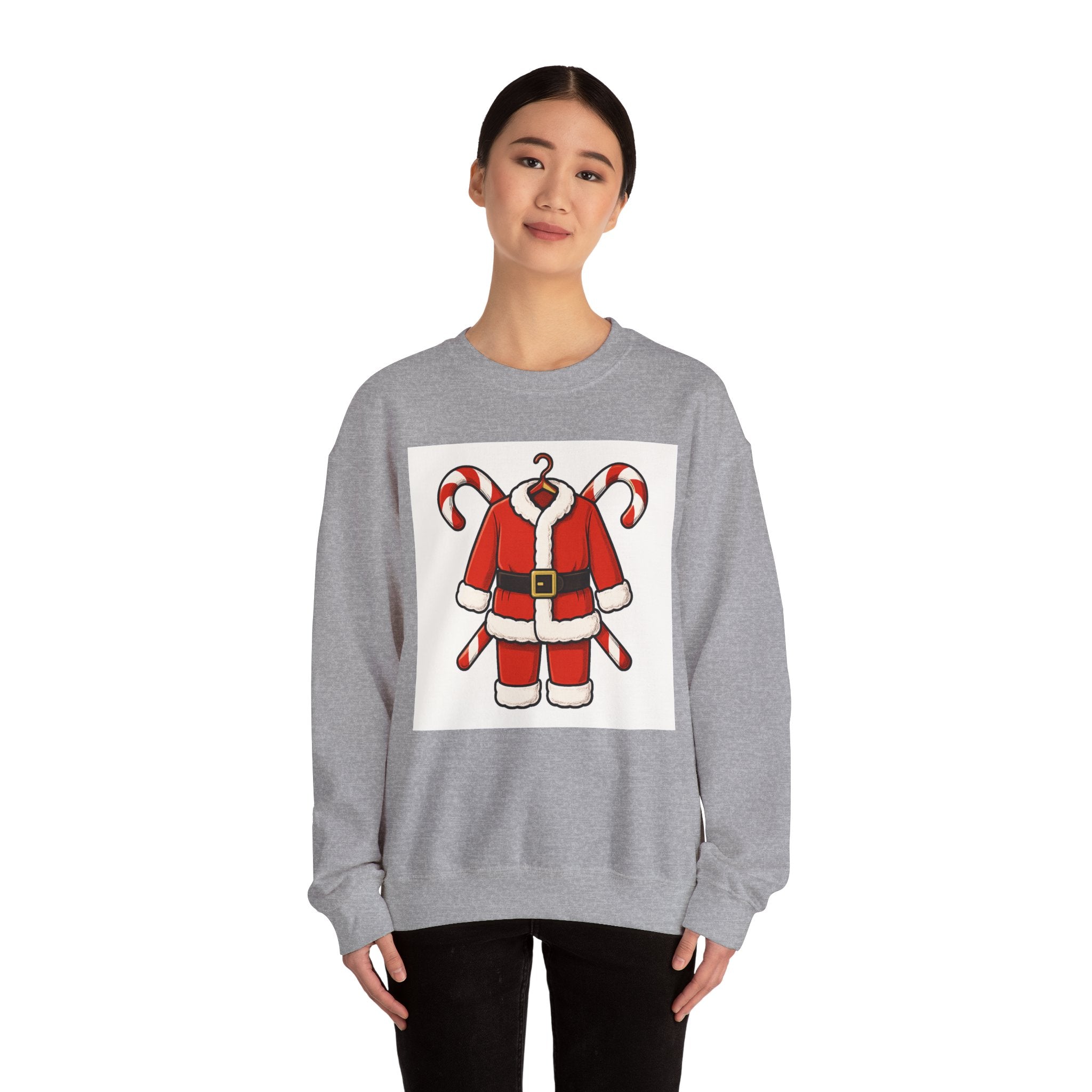 Christmas Sweatshirt — Santa Suit Front & “Santa Is Here For You” Back Holiday Crewneck