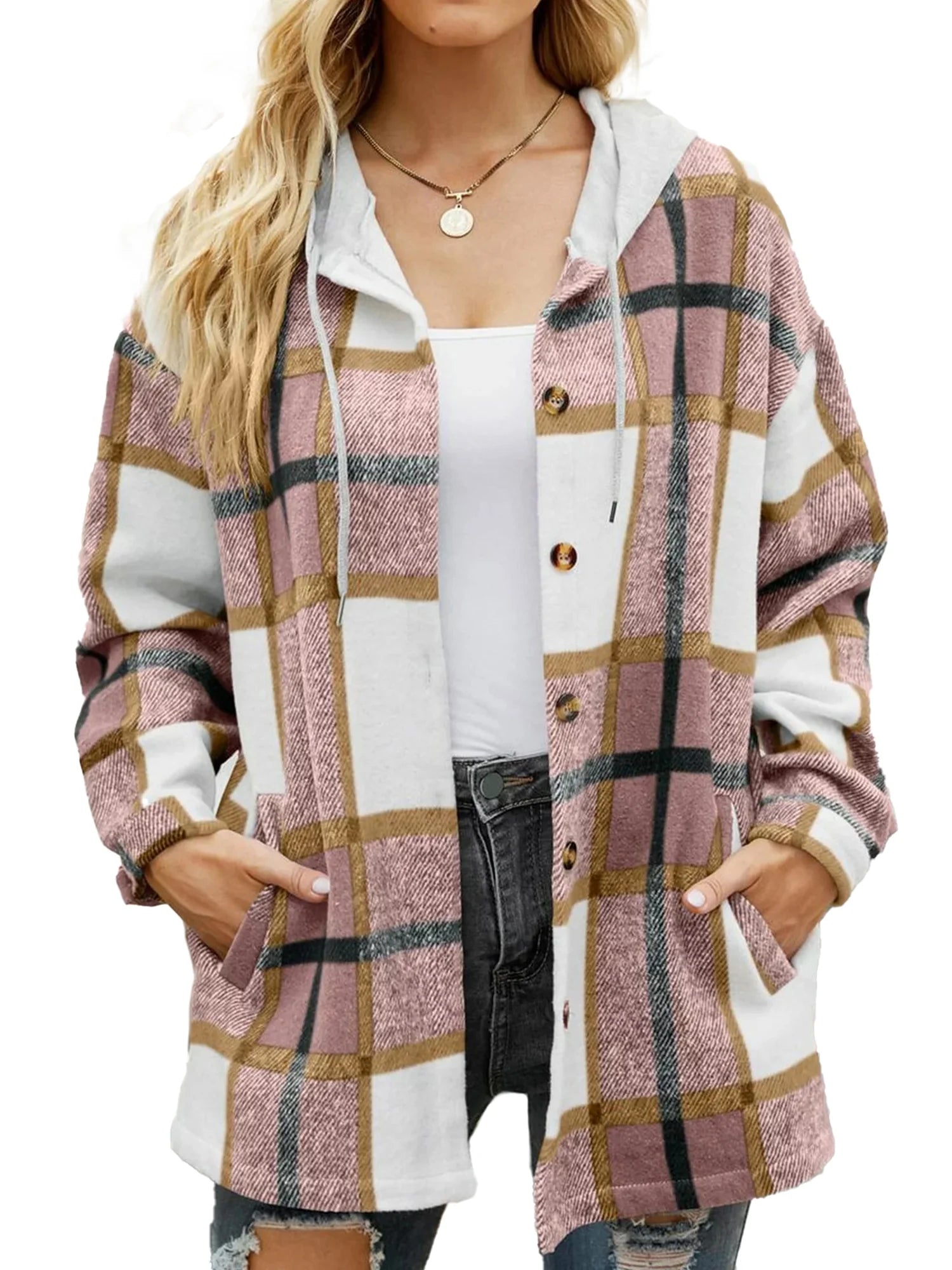 Women's Hooded Plaid Flannel Shirt Jacket with Pockets