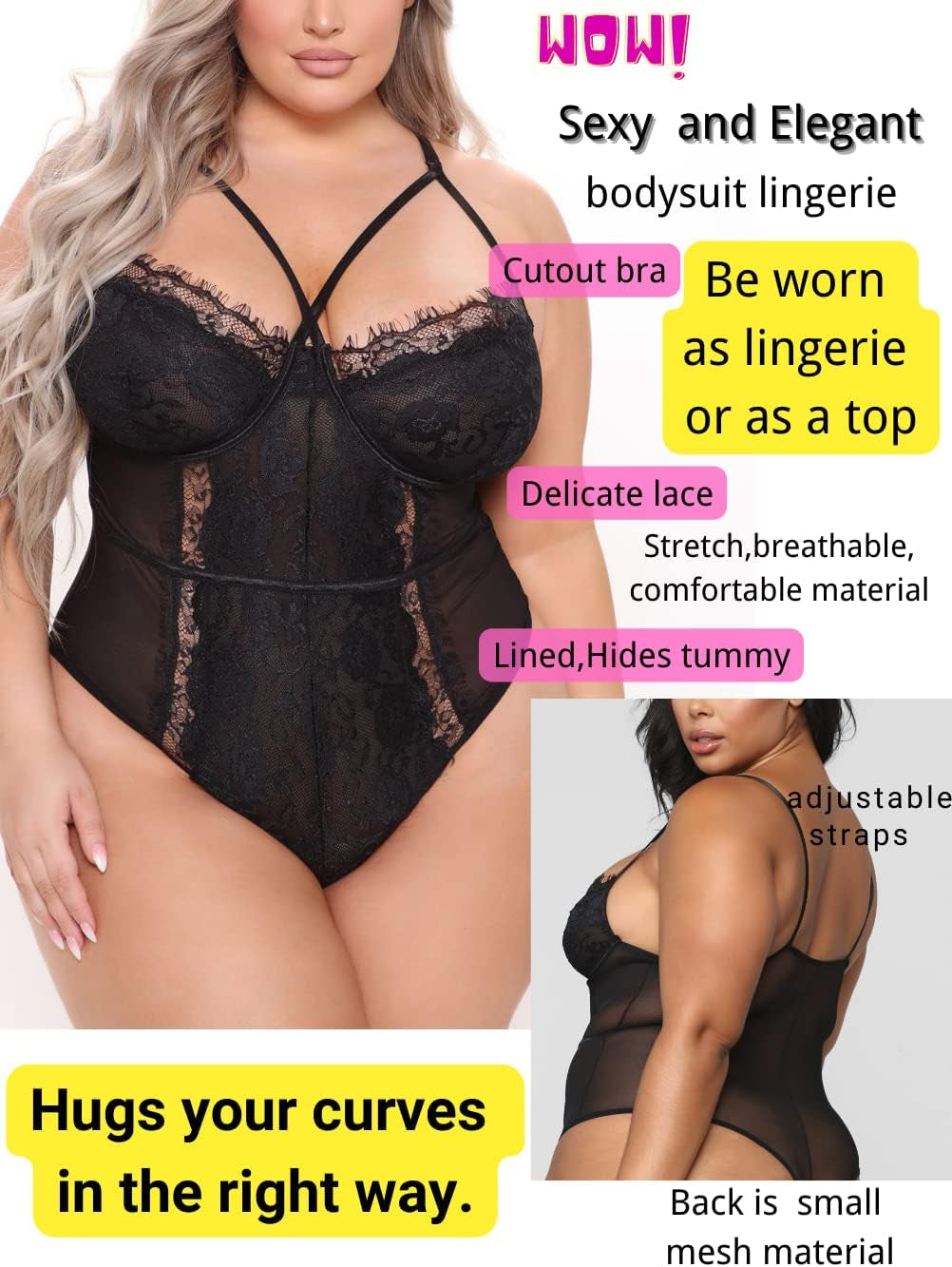 Plus Size Eyelash Lace Bodysuit with Snap Crotch - Elegant Lingerie for Clubwear