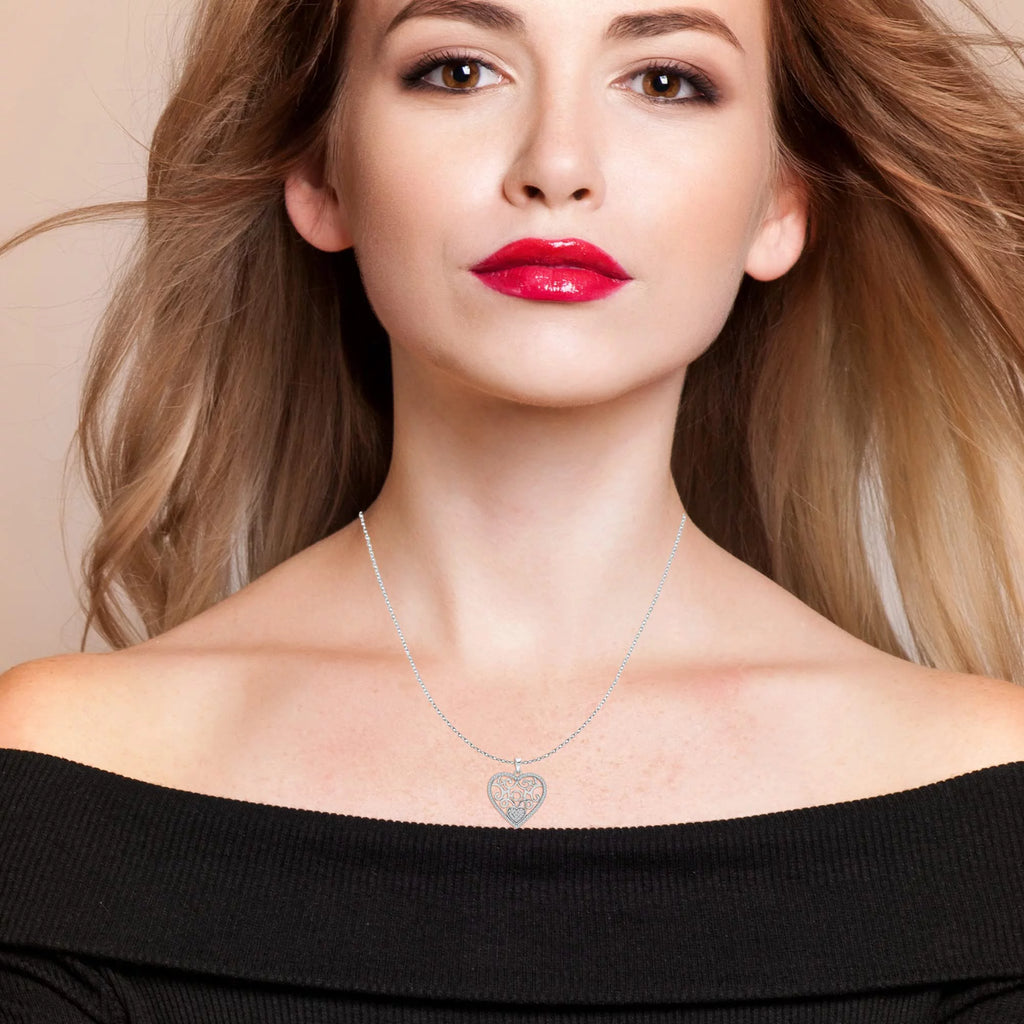 925 Sterling Silver Lightweight CZ Filigree Heart Pendant Necklace for Women and Teens, 18-Inch