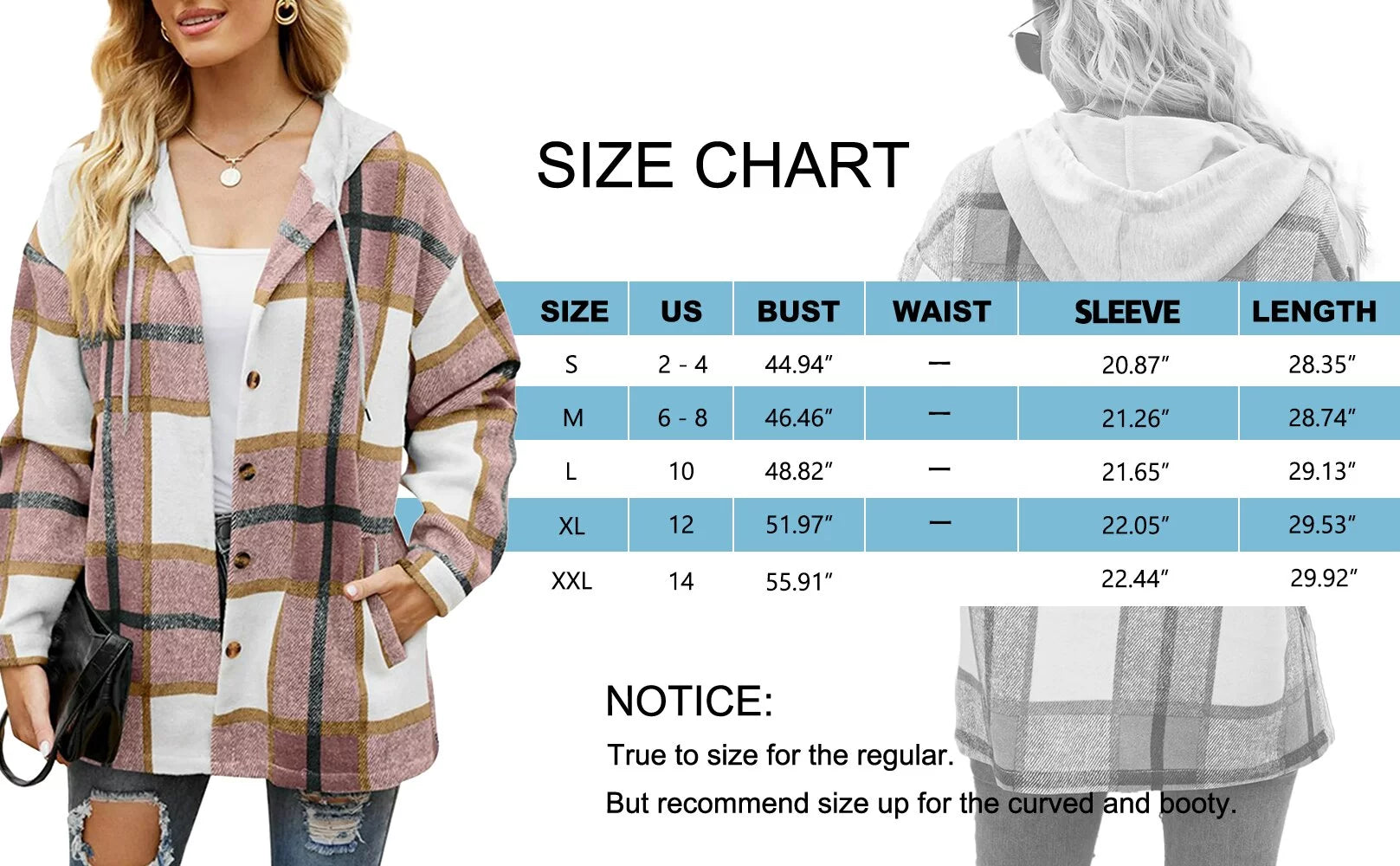 Women's Hooded Plaid Flannel Shirt Jacket with Pockets