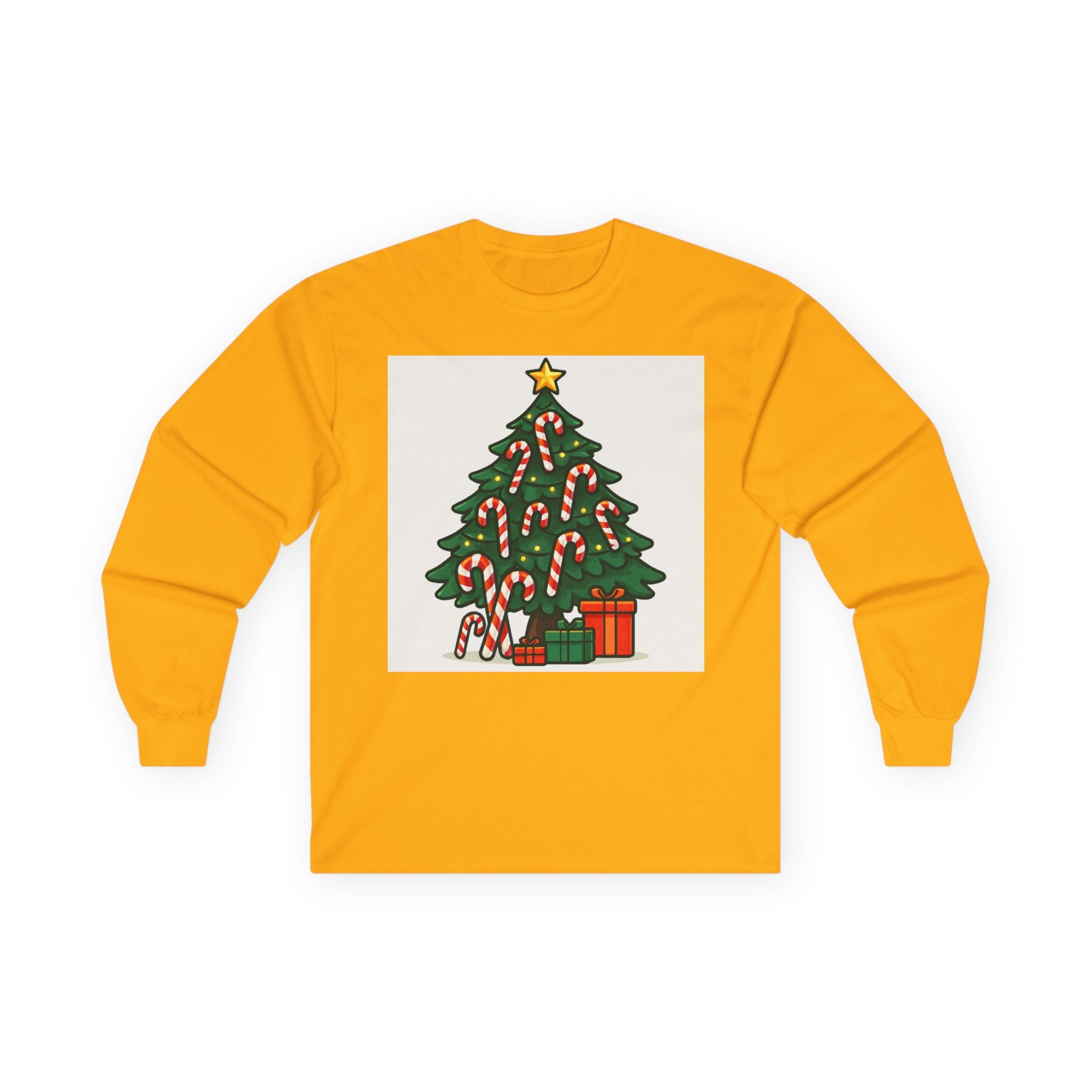 Christmas Tree Candy Cane Long Sleeve Tee — "X-MAS" Back Print