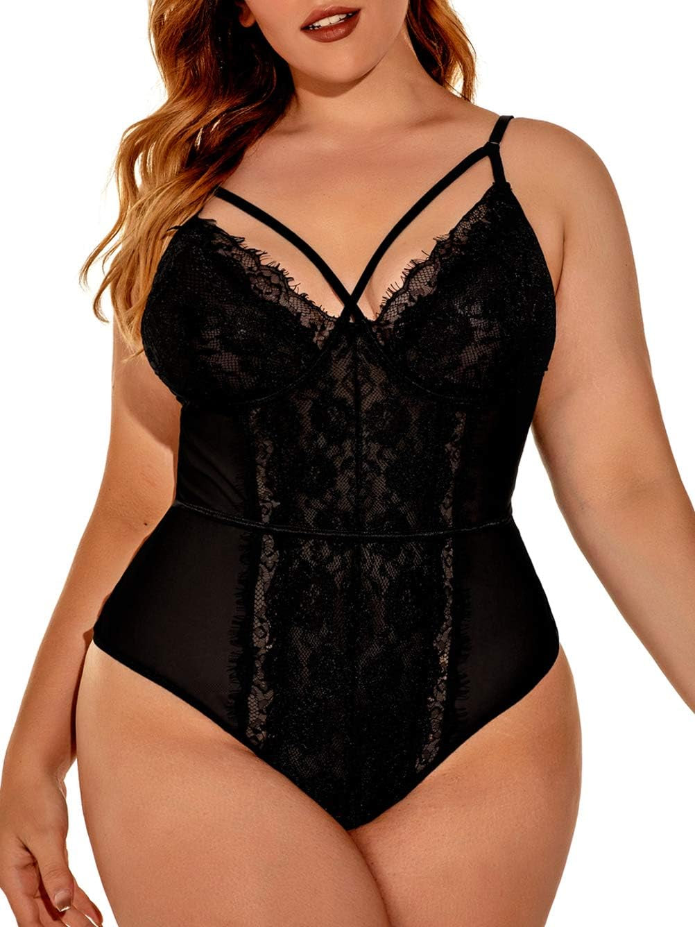 Plus Size Eyelash Lace Bodysuit with Snap Crotch - Elegant Lingerie for Clubwear