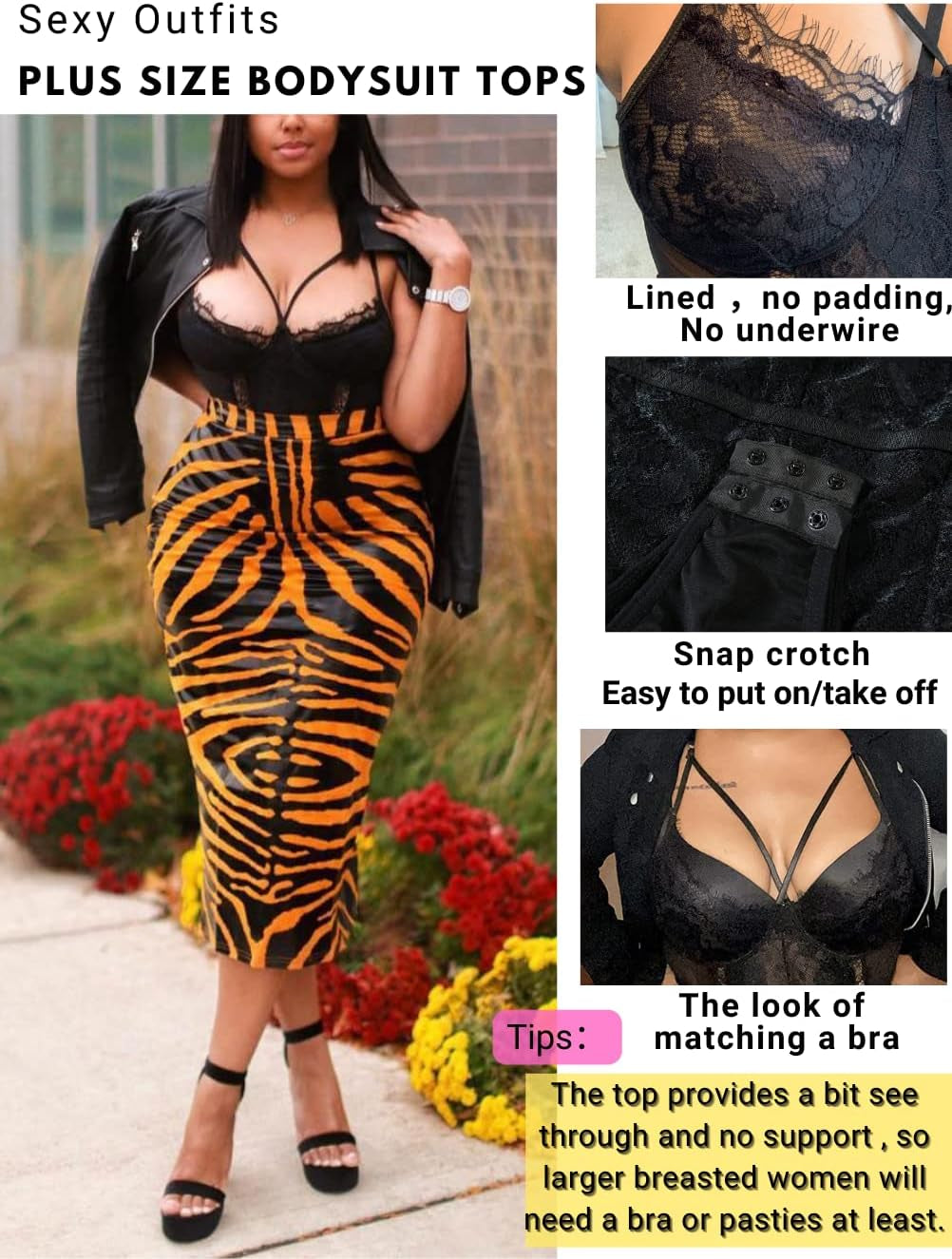 Plus Size Eyelash Lace Bodysuit with Snap Crotch - Elegant Lingerie for Clubwear