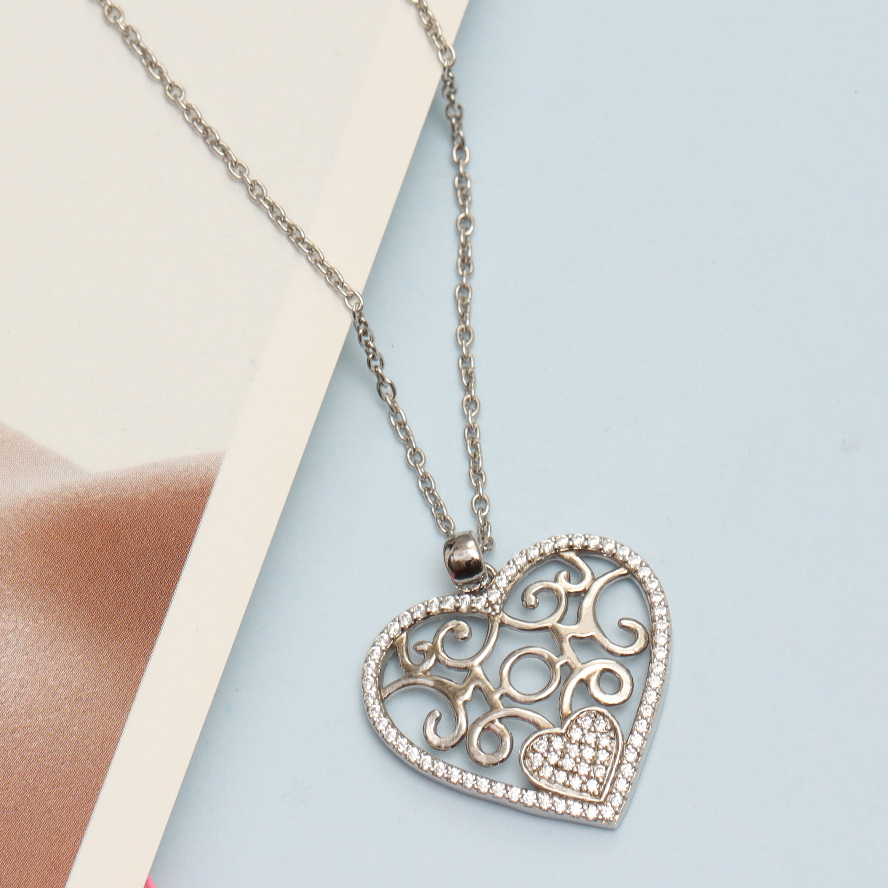 925 Sterling Silver Lightweight CZ Filigree Heart Pendant Necklace for Women and Teens, 18-Inch