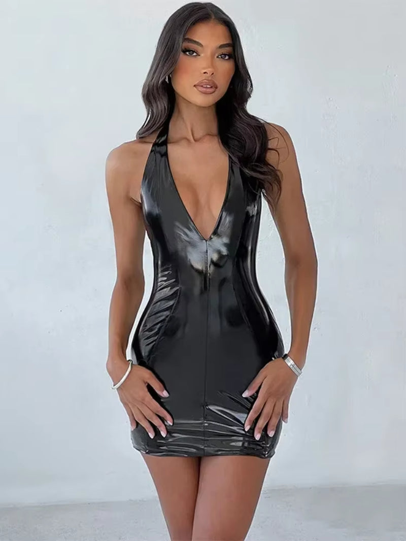 Elegant V-Neck Sleeveless One-Piece Dress for Women in PU Material - Trendy Short Streetwear Fashion