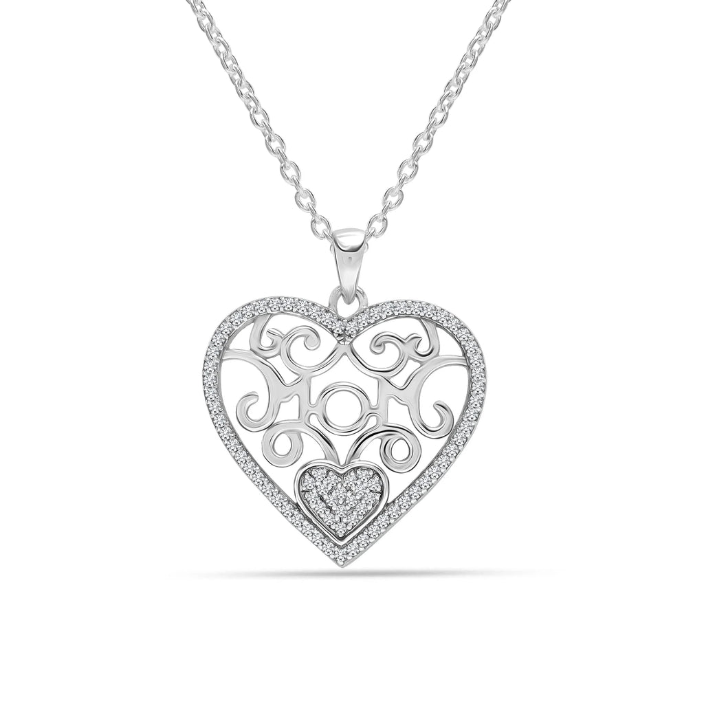 925 Sterling Silver Lightweight CZ Filigree Heart Pendant Necklace for Women and Teens, 18-Inch